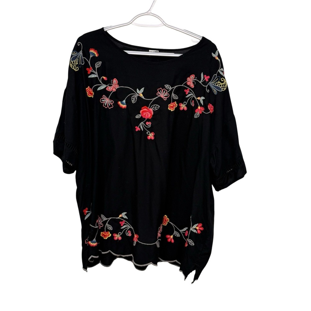 Women's Black Colorful Embroidery Scalloped Edging Tunic Festival Renfaire XL